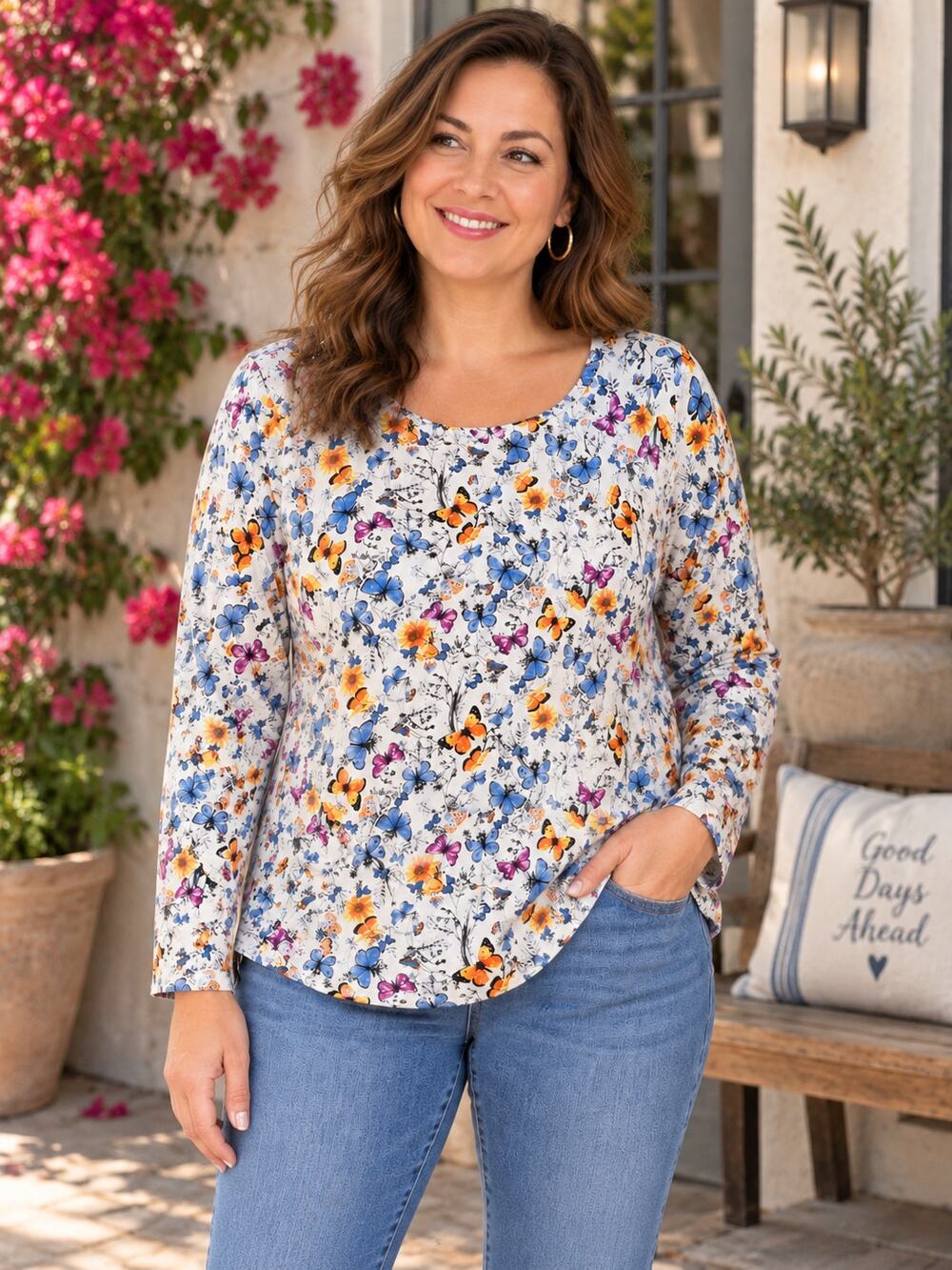 J. Jill Butterfly Floral Print 100% Cotton Short Sleeve Top Blue Orange Purple